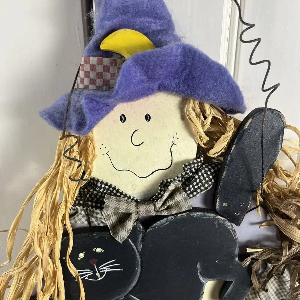 Vintage Halloween Witch Black Cat Pumpkin Wall Hanging Primitive Folk Art Kitsch